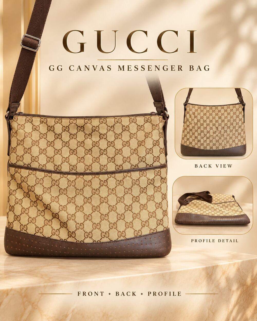 CW021 Gucci GG Canvas Messenger Bag with Perforated Leather